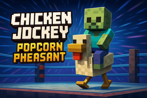 modern App Store banner, high definition, Minecraft style chicken jockey picture with hyperspace wrestling ring background title text on banner that says "Chicken Jockey : Popcorn Pheasant"