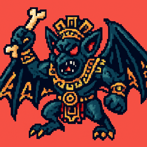 Genérame una Halcon Murcielago guerrero azteca con eso patrones, estilo pixelar, con una apariencia maligna, ojos rojos, rabioso. Unidad aerea con alas. Animal.
In-Game asset.  2d.  High contrast.  No shadows