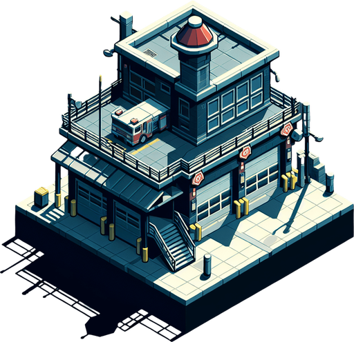 firestation.
Single Game Texture.  In-Game asset.  2d.  Blank background.  High contrast.  No shadows