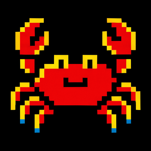 A small red crab. 80s arcade machine graphics..
In-Game asset.  2d.  High contrast.  No shadows