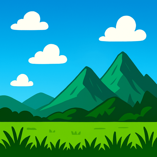 game background with grass at the bottom and sky and mountains at the back.
In-Game asset.  2d.  High contrast.  No shadows