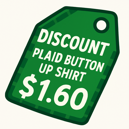 green price tag that says discount plaid button up shirt $1.60.
In-Game asset.  2d.  High contrast.  No shadows
