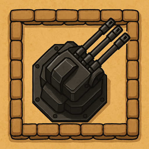 Top view of an Black defense Military tower large Anti air automatic triple barrel cannons, in the desert, the image has a square border outlined by military defense Brown sandbags.
In-Game asset.  2d.  High contrast.  No shadows