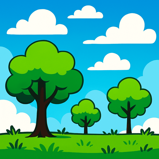 Fondo 2D con cielos y Arboles con cesped.
In-Game asset.  2d.  High contrast.  No shadows