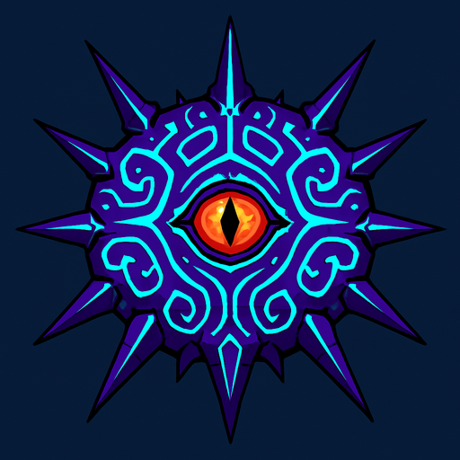 Alien mothership with spikes and glowing patterns and alien eye in middle.
In-Game asset.  2d.  High contrast.  No shadows