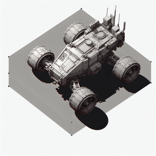 vertical gray top down image mars scifi rover.
Single Game Texture.  In-Game asset.  2d.  Blank background.  High contrast.  No shadows