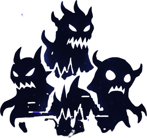 Design an icon for a button labeled "Enemies" in a fantasy tower defense game set in a haunted concert hall. The icon should represent the chaotic and musical nature of the enemies.

Show a cluster of stylized enemy silhouettes made of shadow, glitchy waveforms, or cracked musical notes. They should look menacing but stylized, like abstract creatures of sound and dissonance.

Use a dark, slightly glowing background (deep purple, blue, or smoky black) with subtle magical accents—floating broken clefs, static, or distortion.

Icon must be square (256×256 px), clean, and readable at small sizes.
Avoid text—use only imagery.
Style: semi-flat or digitally painted fantasy UI, consistent with an elegant but eerie orchestral theme..
In-Game asset.  2d.  High contrast.  No shadows