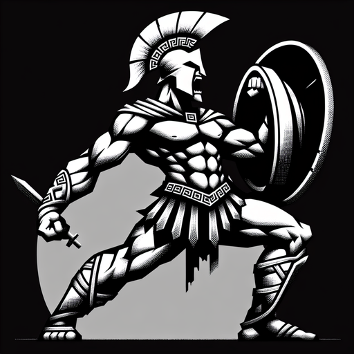 An animated image of an aggressive ancient greek warrior.
Single Game Texture. In-Game asset. 2d. Blank background. High contrast. No shadows.