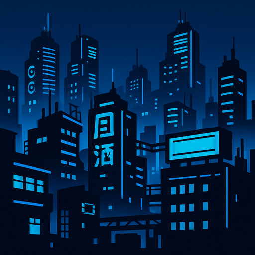 cyberpunk city for back ground. Dark blue
In-Game asset.  2d.  High contrast.  No shadows