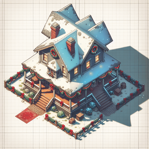 Topdown view of a very christmassy country house Single Game Texture. In-Game asset. 2d. Blank background. High contrast. No shadows.