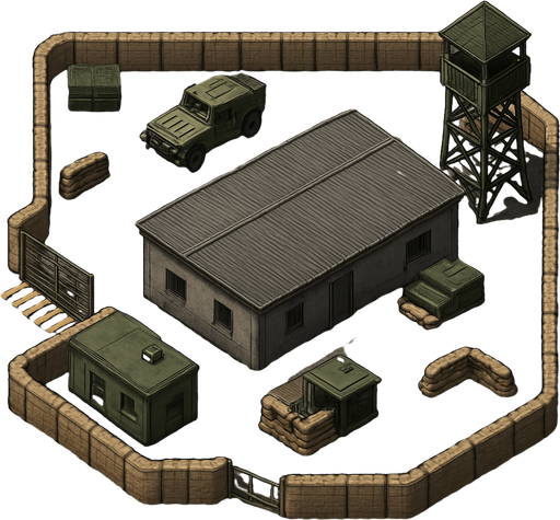 Askeri karakol, üstten görünüm, gerçekçi, yazısız.
In-Game asset.  High contrast.  No shadows