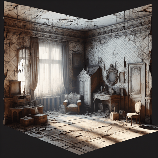 Creepy abandoned house, interior
Single Game Texture. In-Game asset. 2d. Blank background. High contrast. No shadows.