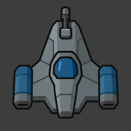 Design a basic 2D top-down spaceship with a compact, angular body and minimal detailing. The ship should have a small central cockpit, two modest rear thrusters, and one weapon mount. Colors are simple — grays and blues — suggesting a utilitarian design. It should look like a beginner’s ship: reliable but not advanced.
In-Game asset.  2d.  High contrast.  No shadows