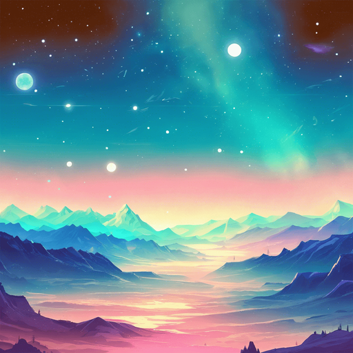 beautiful mountainous view. starry sky, pastel colours, high definition, alien world. Single Game Texture. In-Game asset. 2d. Blank background. High contrast. No shadows.