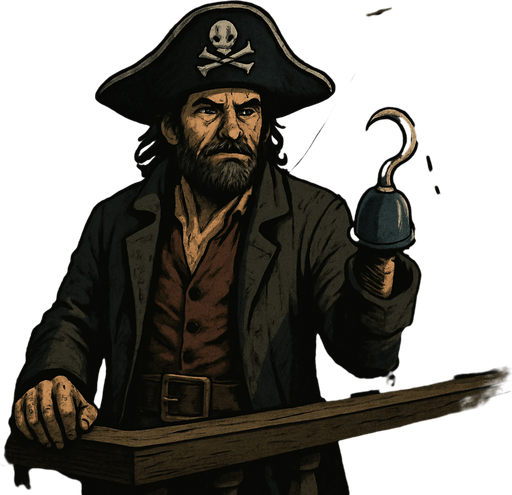 Pirata con sombrero pirata y garfio, en barco pirata, navegando sobre el mar en una noche estrellada, algo realista, pero fuera de lo caricaturesco.
In-Game asset.  2d.  High contrast.  No shadows