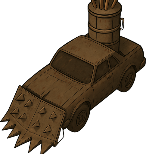 A Mad Max style car will be old and will have a metal spiked plate on the front and will have a top view of the car
