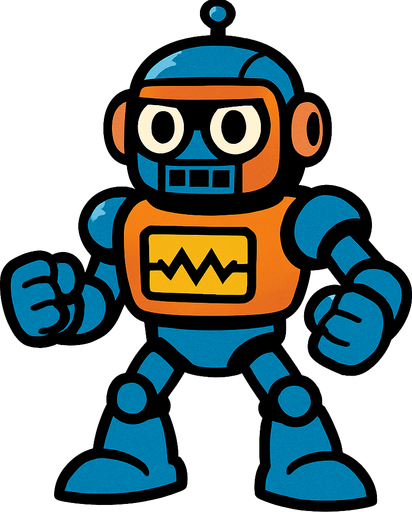 The entire body of the robot should be visible, and its hands should be in a fist shape..
In-Game asset.  2d.  High contrast.  No shadows