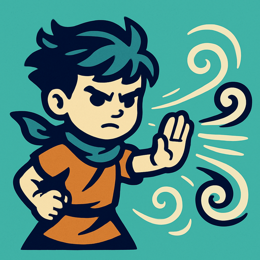 A boy controlling wind.
In-Game asset.  2d.  High contrast.  No shadows