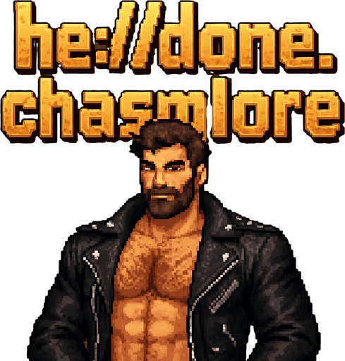 “he://done.ism 

uploaded: chasmlore” written out in black leather biker jacket shirtless hairy muscles hunks