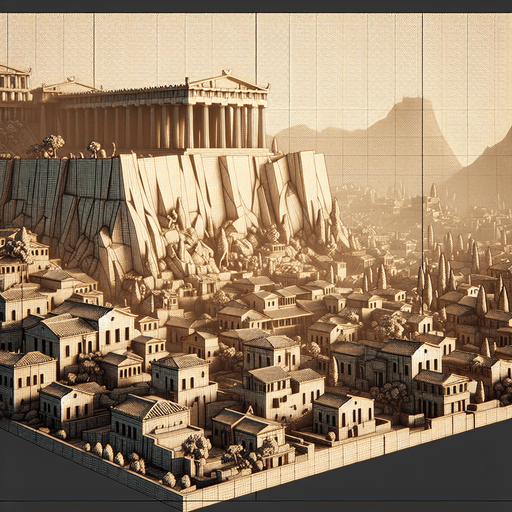 An animated image of an ancient greek city with an Acropolis.
Single Game Texture. In-Game asset. 2d. Blank background. High contrast. No shadows.