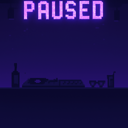 A minimalist pixel art "Paused" menu screen in vertical format (2048x2732), with a retro DJ/bar theme. At the top center, the word "PAUSED" in large, glowing purple pixel letters. The rest of the screen should be clean and dark, with subtle lighting or atmospheric effects suggesting a nightclub or DJ booth. Leave the central and lower space empty for placing UI buttons (Resume, Restart, Settings, Main Menu). Smooth, moody pixel background, matching a futuristic arcade vibe..
In-Game asset.  2d.  High contrast.  No shadows