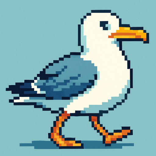 very big seagull looking to the right, pixelart, walking.
In-Game asset.  2d.  High contrast.  No shadows