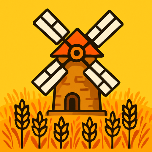 טחנת דגן בלב שדה חיטה עם רקע צהוב.
In-Game asset.  2d.  High contrast.  No shadows