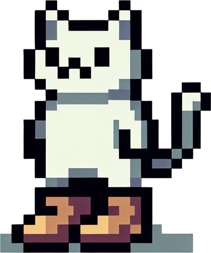 Çizmeli kedi pixel art.
Single Game Texture.  In-Game asset.  2d.  Blank background.  High contrast.  No shadows