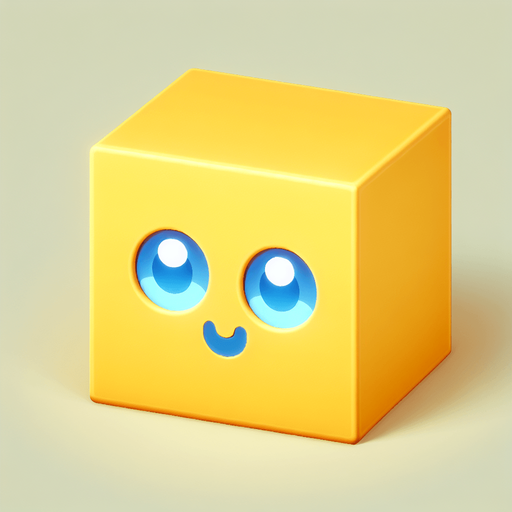 yellow cube with blue eyes.
Single Game Texture. In-Game asset. 2d. Blank background. High contrast. No shadows.