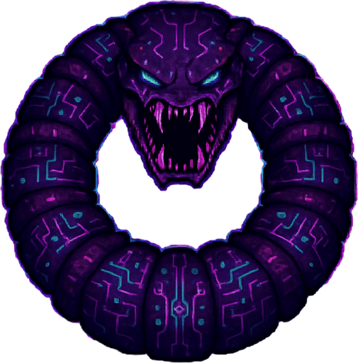 giant worm-like virus creature, segmented body, glowing circuit patterns, top-down view, menacing style, glitch effects, sci-fi, dark purple and neon accents, symmetrical, circular..
In-Game asset.  2d.  High contrast.  No shadows