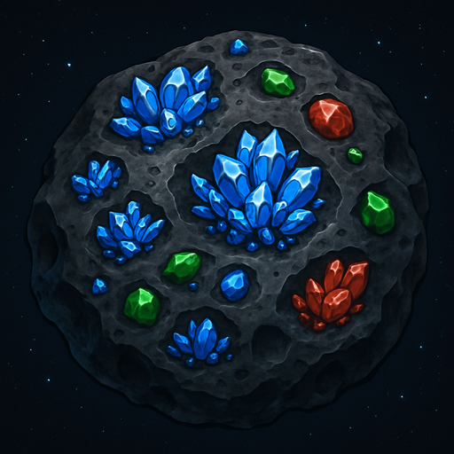 Uzay temalı asteroid, üzerinde cevherler bulunsun, gerçekçi, yazısız üstten görünüm. 
In-Game asset.  High contrast.  No shadows