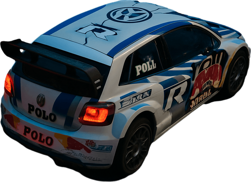 Photorealistic Volkswagen Polo R WRC Rallycar in nightlight, drone topview from back and 45 degrees angle in top right corner