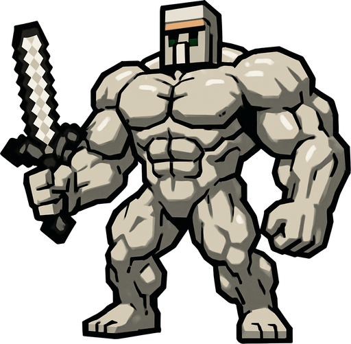 A super buff iron golem with super big muscles and that has a Minecraft iron sword in his hand..
In-Game asset.  2d.  High contrast.  No shadows