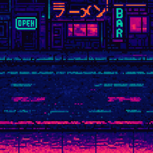 cyberpunk pixel art asphalt street.
In-Game asset.  2d.  High contrast.  No shadows