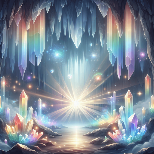 Backdrop: A crystal cavern with refracted light beams splitting into vibrant colors.

Colors: Radiant rainbow hues with a soft, dark background.

Details: Floating crystals and magical glowing particles..
Single Game Texture. In-Game asset. 2d. Blank background. High contrast. No shadows.