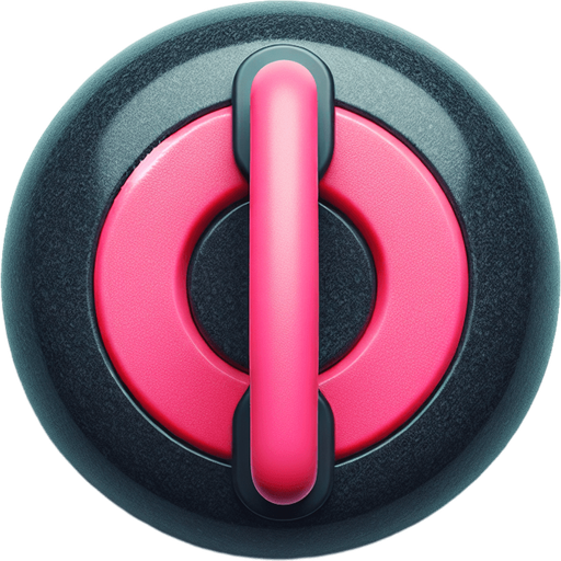 black curling stone with pink top, top view.