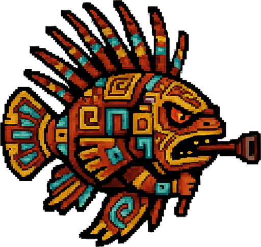 Genérame una Pez leon guerrero azteca con eso patrones, estilo pixelar, con una apariencia maligna, ojos rojos, rabioso. Unidad a distancia, con cerbatana. Animal.
In-Game asset.  2d.  High contrast.  No shadows