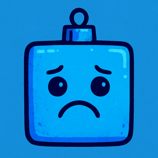 a sad Perfectly square bright blue Christmas decoration.
In-Game asset.  2d.  High contrast.  No shadows