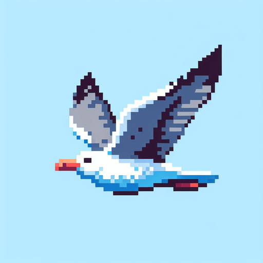 Flying seagull, 2d, pixel art.
Single Game Texture. In-Game asset. 2d. Blank background. High contrast. No shadows.