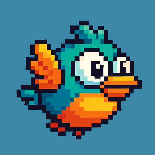 A unique pixel art bird character designed for a 2D side-scrolling game. The bird has a round, compact body and large expressive eyes. Its feathers are colorful, with shades of turquoise and orange, and it has small flapping wings. It has a slightly cartoonish look, with a tiny beak and simple outlines. The bird is seen from the side and appears mid-flight, with its wings lifted. The overall design is cute and distinct from Flappy Bird, but still fits in a retro-style arcade game..
In-Game asset.  2d.  High contrast.  No shadows. pixel art. side view. game character. cute. retro style. colorful