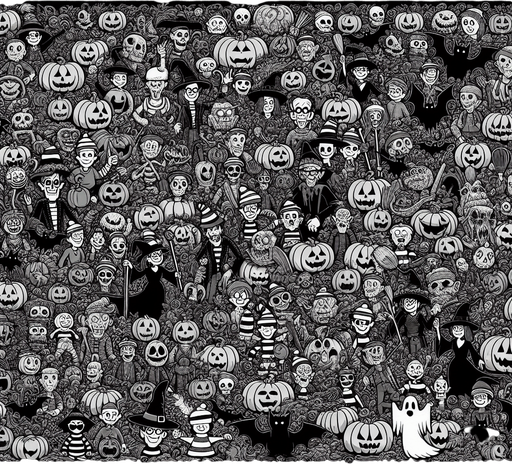 Generate a high quality cartoon background Halloween image on a black canvas similar to the format of where is waldo.
Single Game Texture. In-Game asset. 2d. Blank background. High contrast. No shadows.