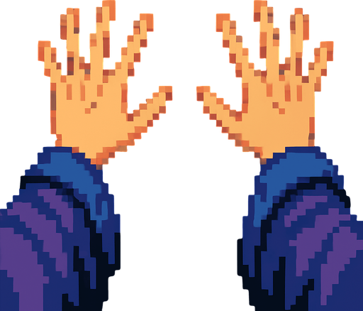 A first person view of set of hands splayed out as if to cast a spell. Facing away. Mystical robes around the wrists.  Pixel art
In-Game asset.  2d.  High contrast.  No shadows