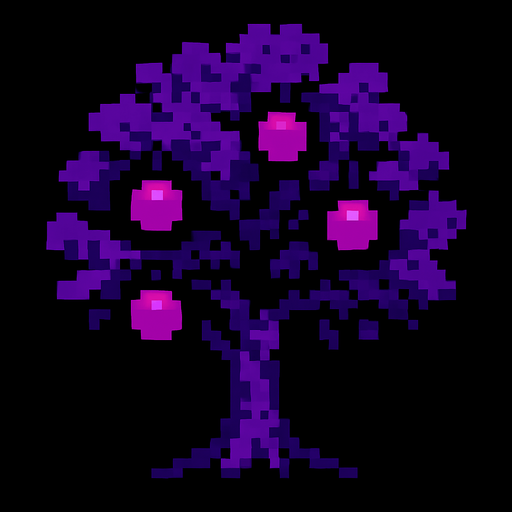 obscurity black purple 8 bits and a fruit tree.
In-Game asset.  2d.  High contrast.  No shadows