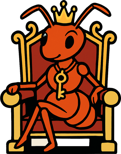 kafasında taç olan ve boynunda anahtar olan tahtında oturan kraliçe karınca.
In-Game asset.  2d.  High contrast.  No shadows