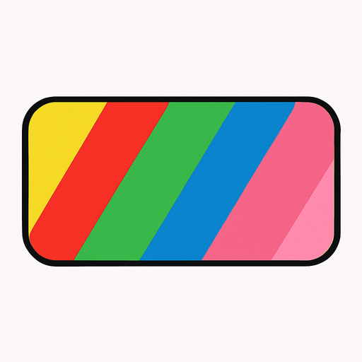 Crea un rectángulo para asset de botón. Debe ser: color amarillo, rojo, verde, azul, gris, rosa dispuestos en forma diagonal irregular por el rectángulo.
Los colores deben ser planos, y los bordes redondeados.
In-Game asset.  2d.  High contrast.  No shadows. anime. simple