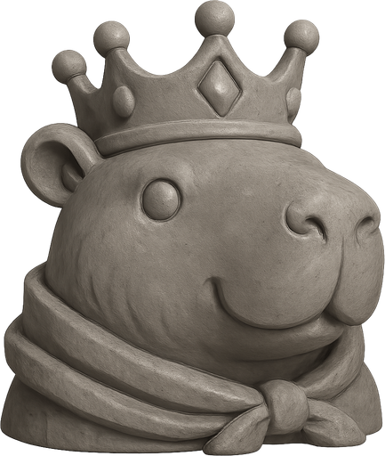 Recrealo en una escultura. Utiliza un estilo cartoon. Usas colores grises. Recuerda que es un capibara usas sus rasgos y formas. Damelo sin fondo, Quita el cañon de fondo