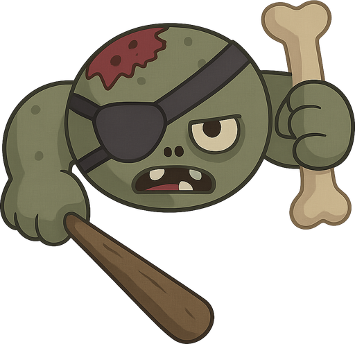 üsttem görünümlü yuvarlak zombi büyük kolları var tek gözünde göz maskesi var ve elinde bir sopa var. No background. Transparent background. Blank background. No shadows. 2d. In-Game asset. flat