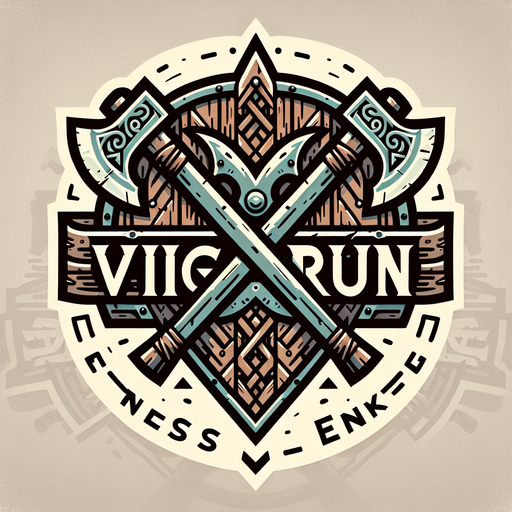 A game logo for a game called 'Endless Viking Run' using norse font on a background of a viking shield and crossed axes. Muted colors..
Single Game Texture. In-Game asset. 2d. Blank background. High contrast. No shadows.