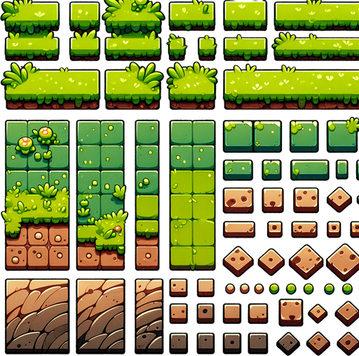 Create a 2D spritesheet featuring a side-view platform in a chibi-inspired style, perfect for a minimal, playful game. The spritesheet includes modular tiles for building platforms of various sizes, with a cohesive, cute aesthetic:

Grass Top Tiles: Vibrant green, flat grassy tops with smooth, rounded edges. Includes variations such as:

Left corner tile with a rounded edge.
Center tile with seamless edges to connect multiple pieces.
Right corner tile with a rounded edge.
Ground Tiles: Warm brown earthy layers with clean, exaggerated horizontal lines and minimal details like tiny embedded stones or subtle root patterns. Variations include:

Straight center ground tiles.
Left and right corner ground tiles.
The tiles are designed to be modular, allowing seamless connections when placed together. Bold, colorful, and minimal, the spritesheet ensures an adorable chibi-style look that matches the playful tone of games like Angry Birds..
Single Game Texture. In-Game asset. 2d. Blank background. High contrast. No shadows.