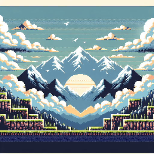 a pixel clouds background, with mountains, full height full width
Single Game Texture.  In-Game asset.  2d.  Blank background.  High contrast.  No shadows